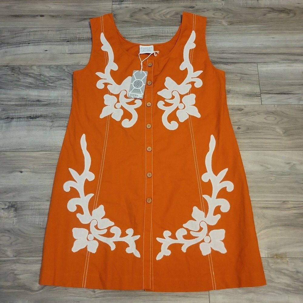 Bohera Garcia Embroidered Dress Womens Large Orange Sleeveless Button Casual NEW